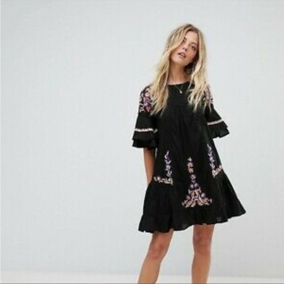 Free People | Small ruffle sleeve embroidered black dress - Picture 3 of 9